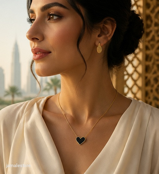 Elegant Black Heart Pendant Necklace – 18K Gold Plated Snake Chain
