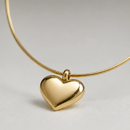 Classic Gold Puffy Heart Pendant Necklace on Snake Chain