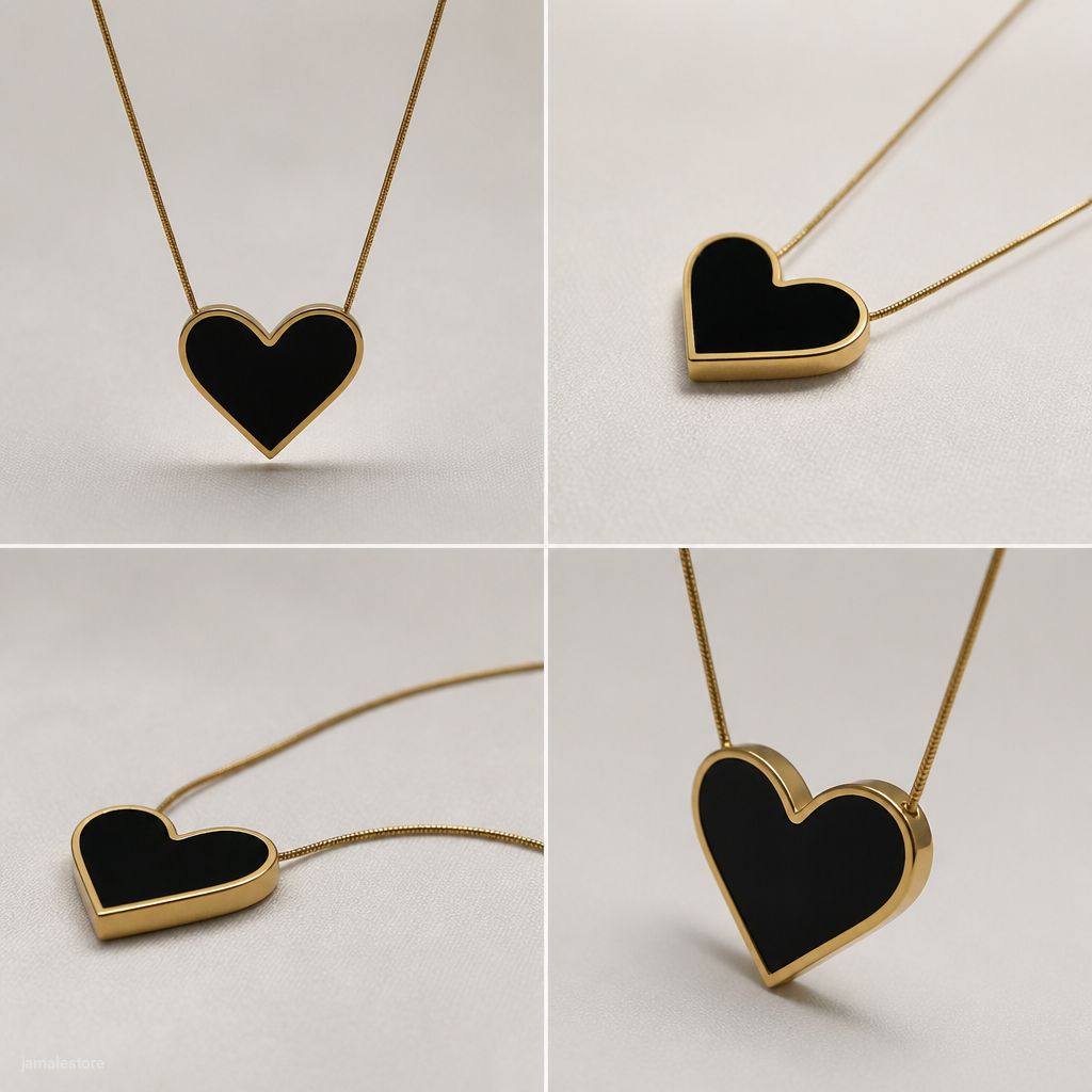 Elegant Black Heart Pendant Necklace – 18K Gold Plated Snake Chain