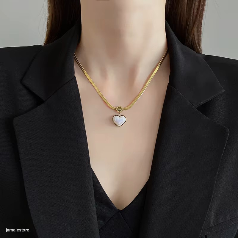 Waterproof 18K Gold Plated Stainless Steel Heart Pendant Flat Snake Chain Necklace Earrings Fine Fashion Jewelry Sets for Women