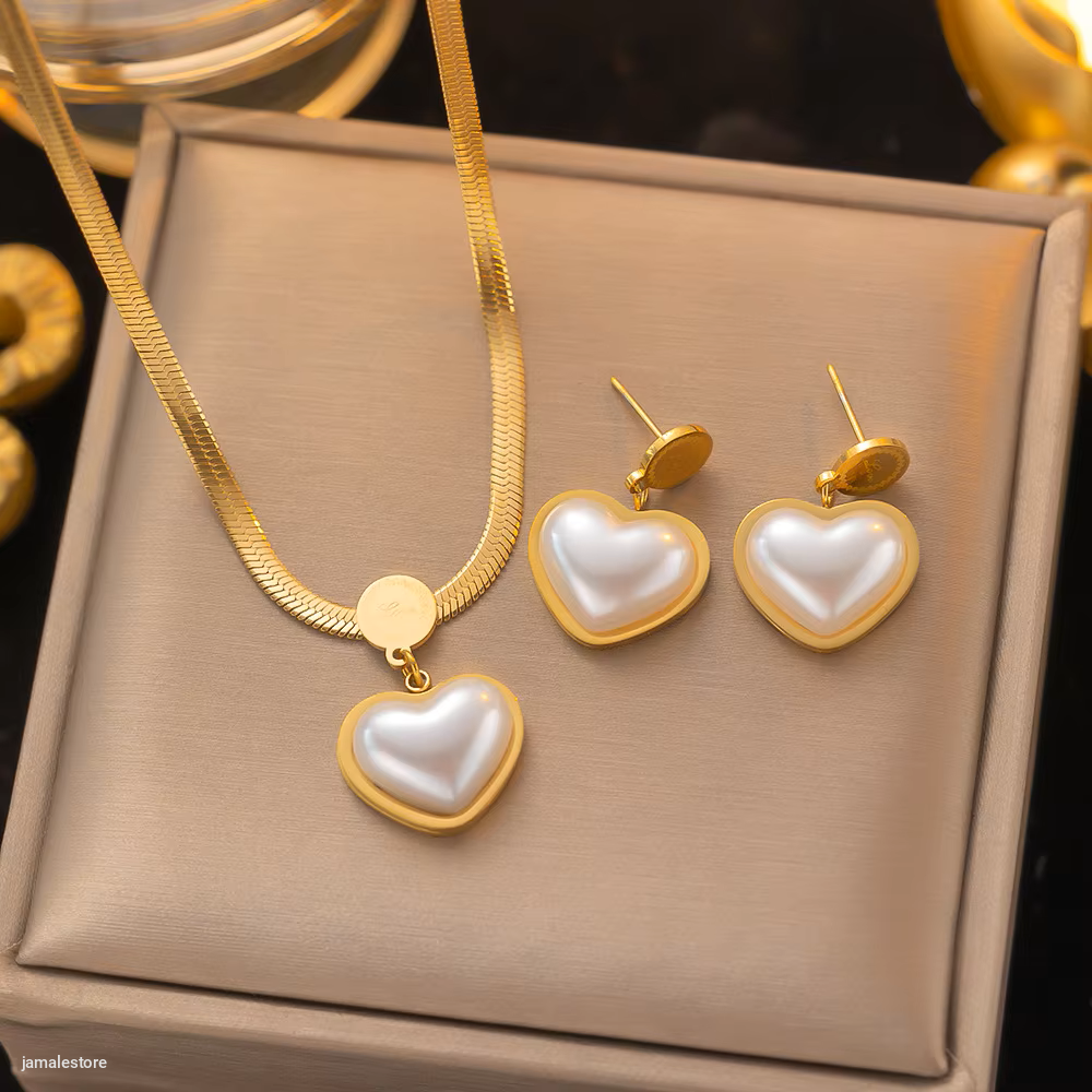 Waterproof 18K Gold Plated Stainless Steel Heart Pendant Flat Snake Chain Necklace Earrings Fine Fashion Jewelry Sets for Women