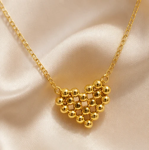 Elegant 3D Beaded Heart Statement Necklace – High-Polish Gold Finish
