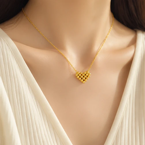 Elegant 3D Beaded Heart Statement Necklace – High-Polish Gold Finish